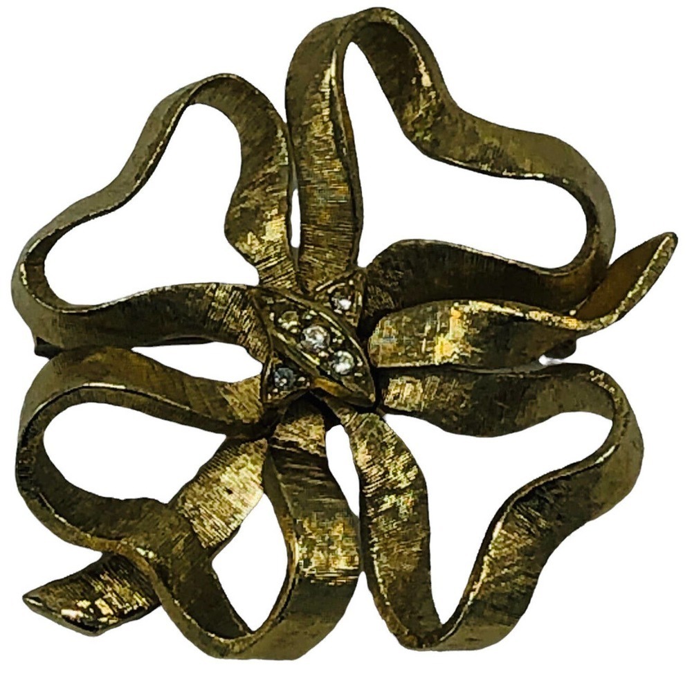 St John Brushed Gold Ribbon Bow Rhinestone Crystal Brooch Pin Vintage Designer